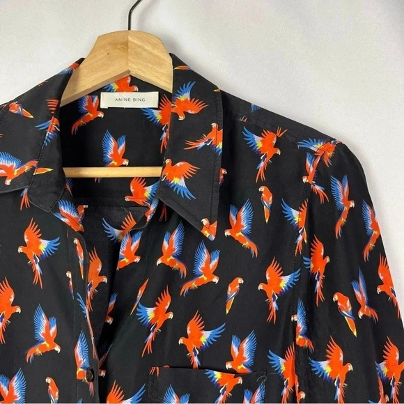 Anine Bing Black Billie Silk Parrot Print Long Sleeve Button Down XS - Picture 4 of 6